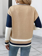 Color Block Round Neck Sweater with Ribbed Trim
