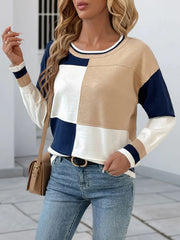 Color Block Round Neck Sweater with Ribbed Trim