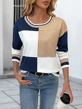 Color Block Round Neck Sweater with Ribbed Trim Blue White / S