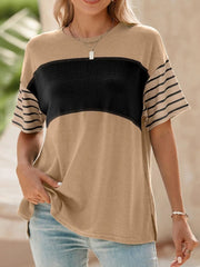 Color Block Striped Sleeve Casual T-Shirt