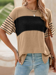 Color Block Striped Sleeve Casual T-Shirt