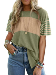 Color Block Striped Sleeve Casual T-Shirt