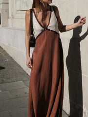 Color Block V-Neck Sleeveless Maxi Dress Brown / S