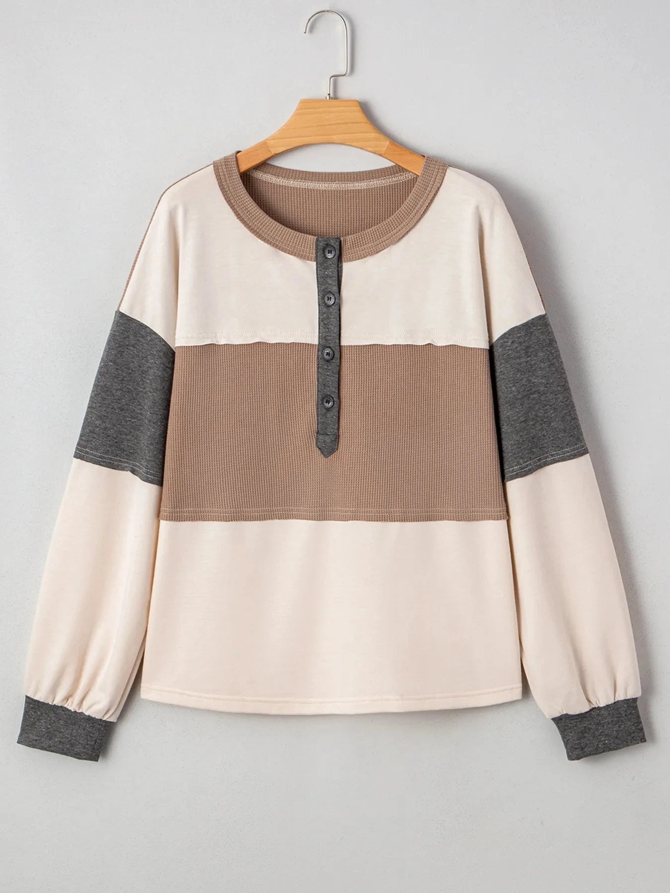 Color Block Waffled Loose Henley Top
