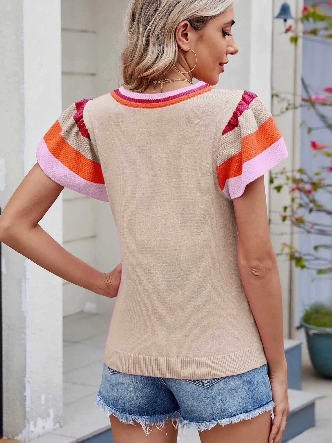 Colorblock Striped Short Sleeve Sweater
