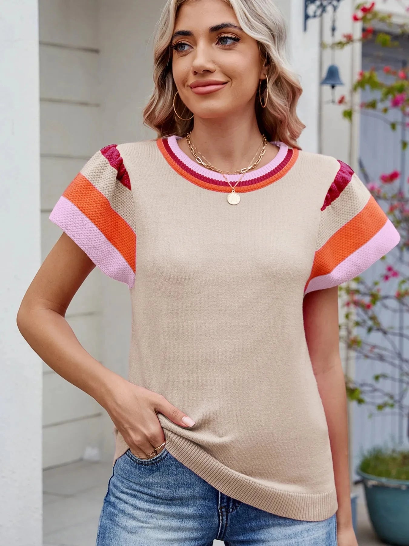 Colorblock Striped Short Sleeve Sweater