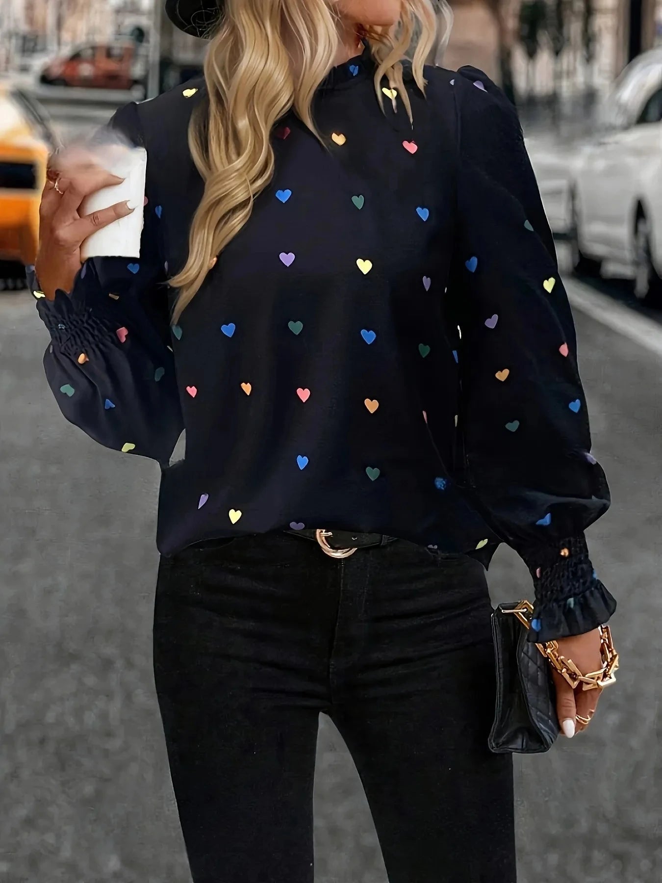 Colorful Heart Print Lantern Sleeve Blouse Navy Blue / S