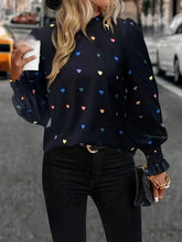 Colorful Heart Print Lantern Sleeve Blouse Navy Blue / S