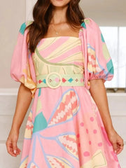 Colorful Print Belted Mini Dress with Puff Sleeves