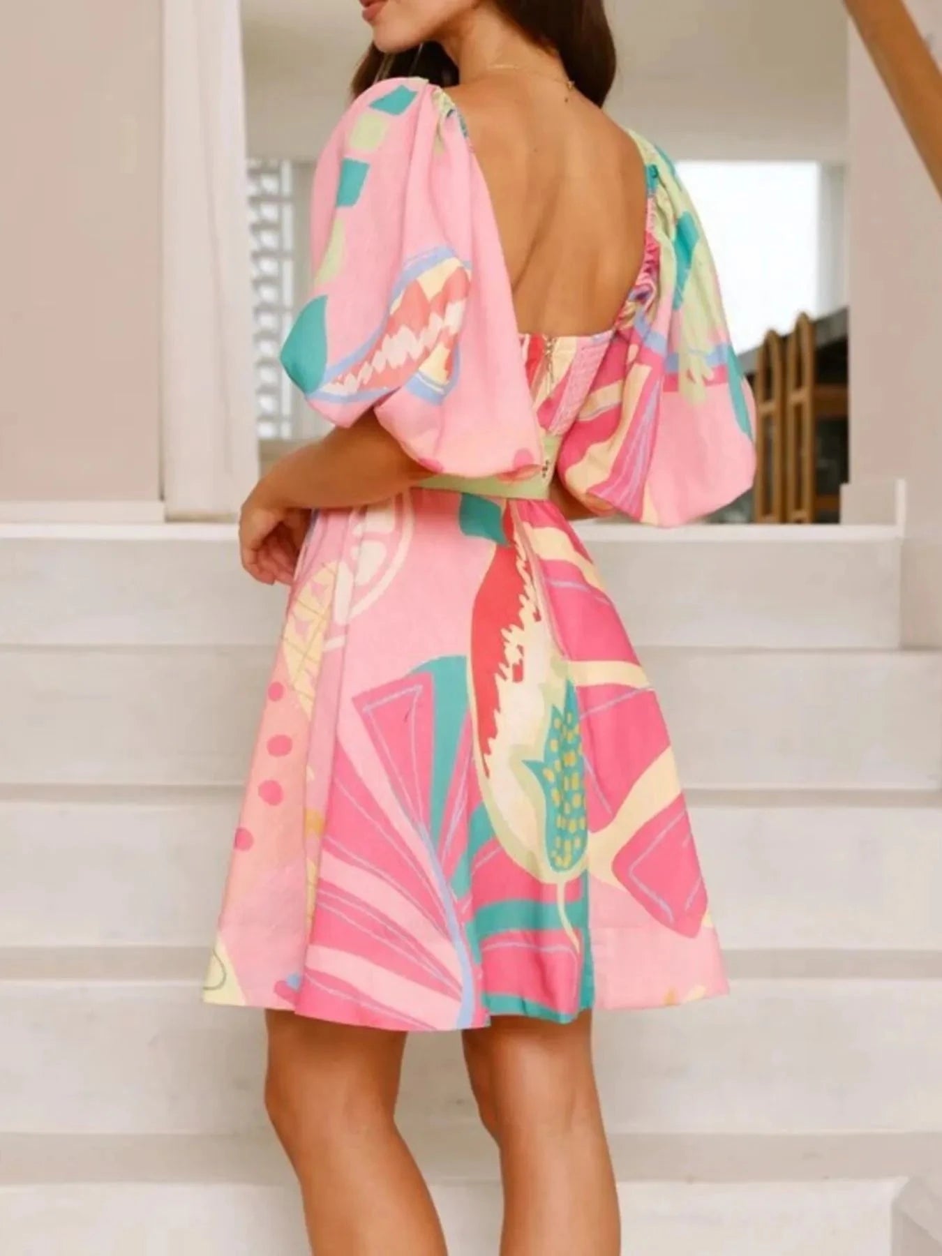 Colorful Print Belted Mini Dress with Puff Sleeves