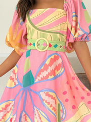 Colorful Print Belted Mini Dress with Puff Sleeves