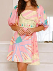 Colorful Print Belted Mini Dress with Puff Sleeves