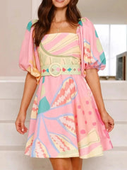 Colorful Print Belted Mini Dress with Puff Sleeves Pink / S