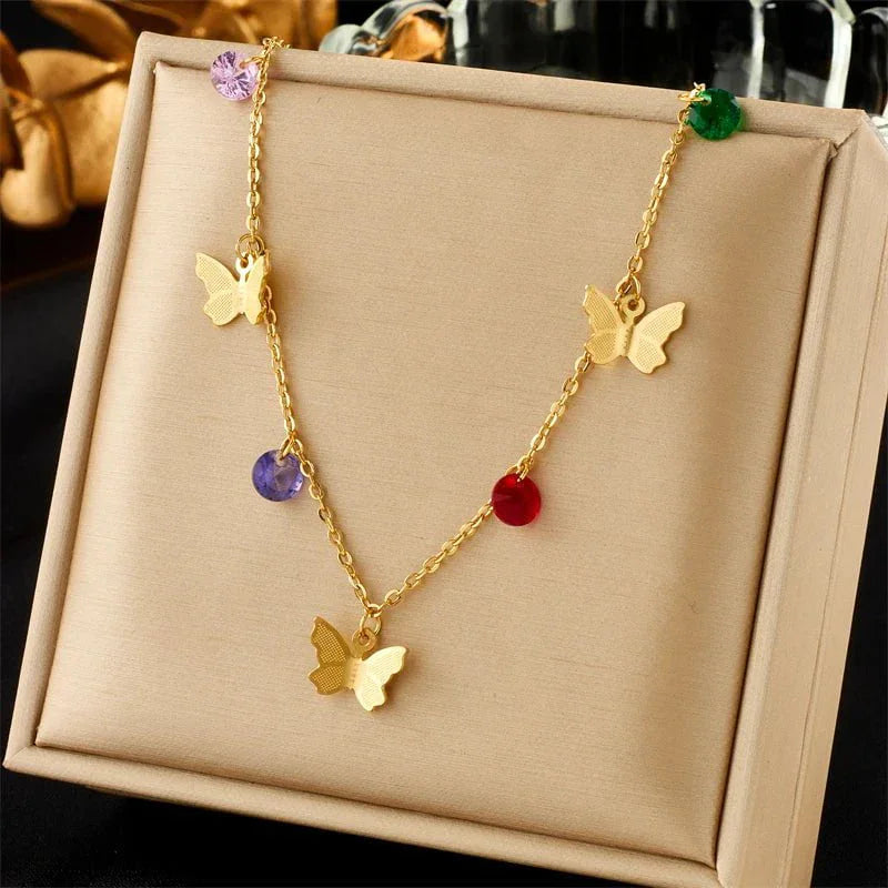 Colorful Stone Butterfly Pendant Necklace for Women N2254