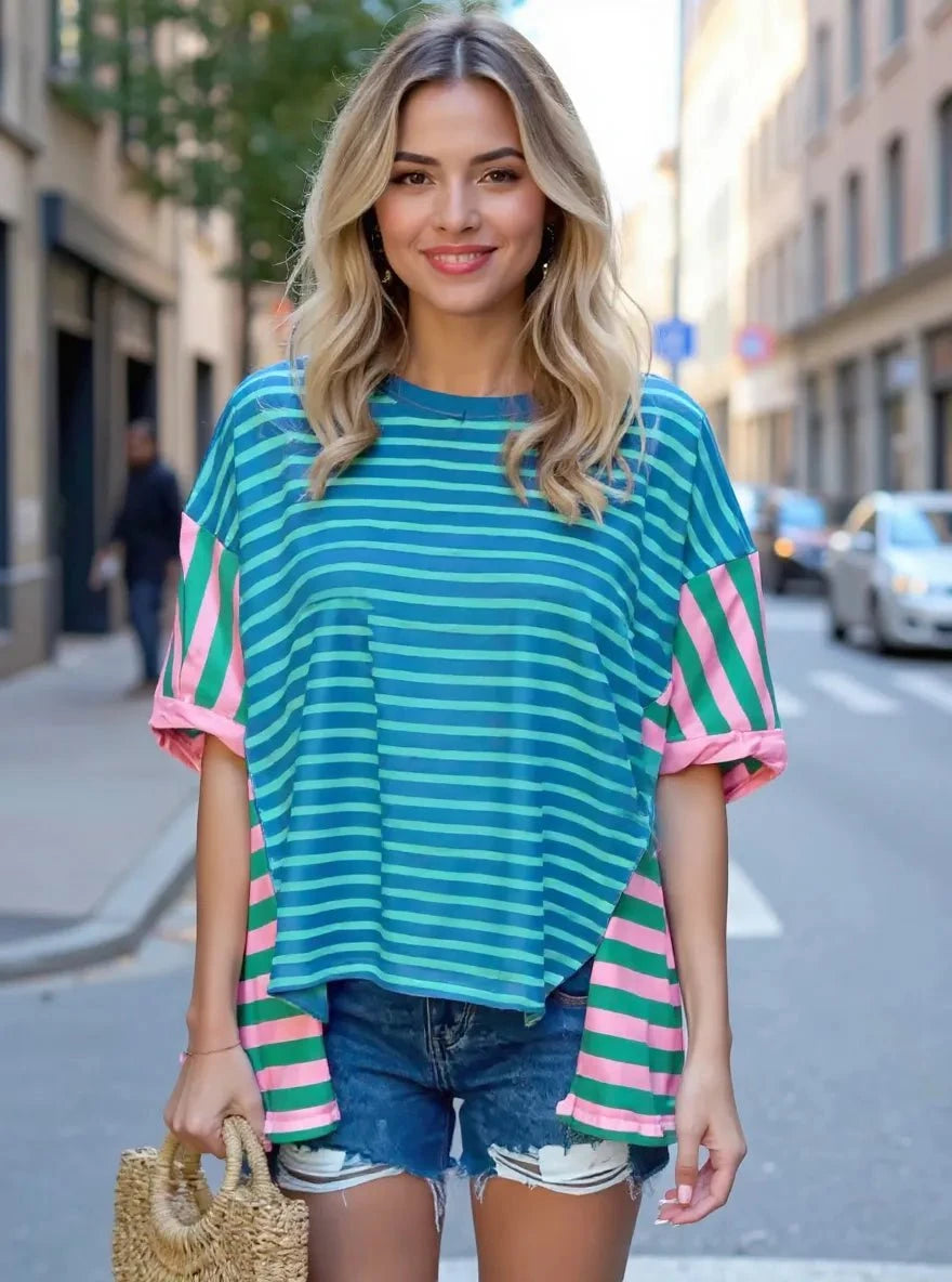 Colorful Striped Oversized T-Shirt Blue / S