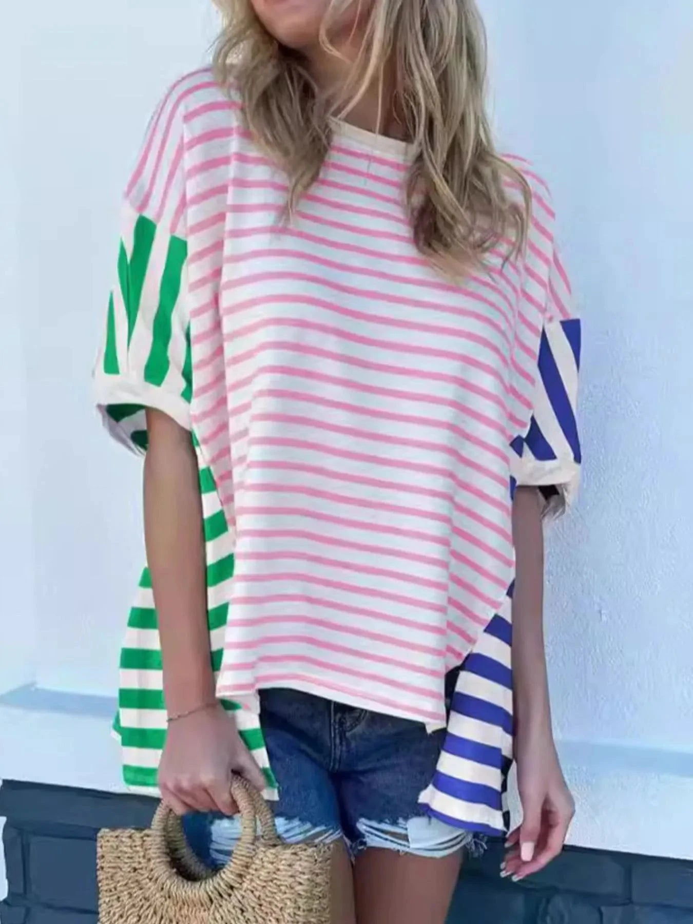 Colorful Striped Oversized T-Shirt Pink / S