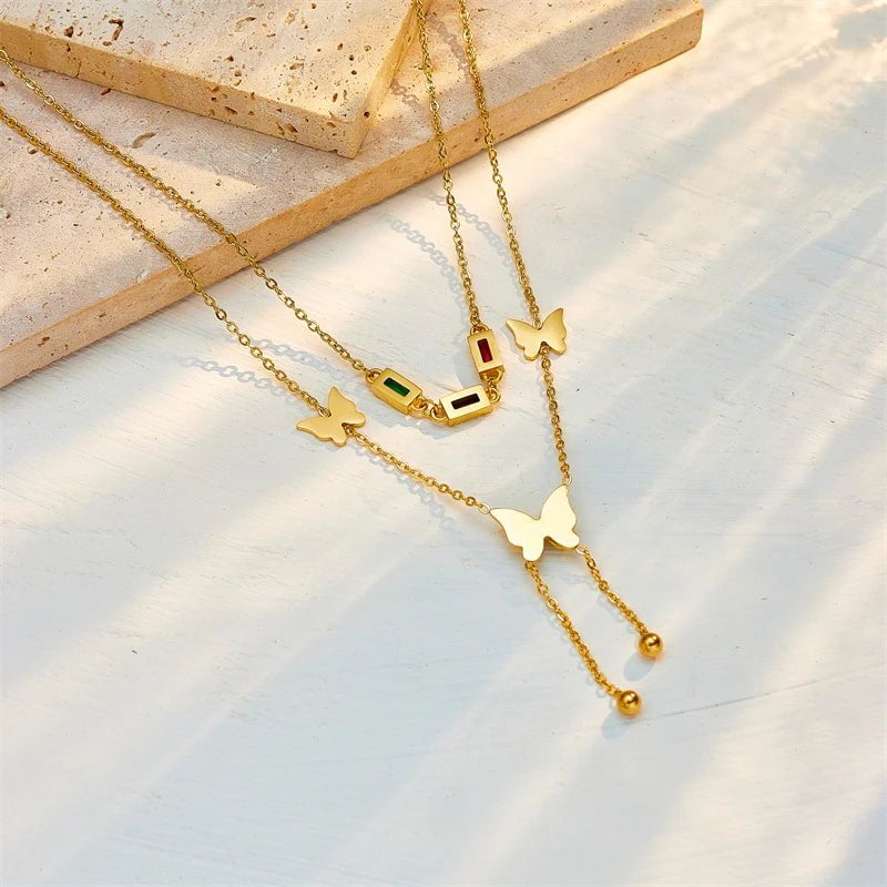 Colorful Zircon Butterfly Long Pendant Necklace N1955