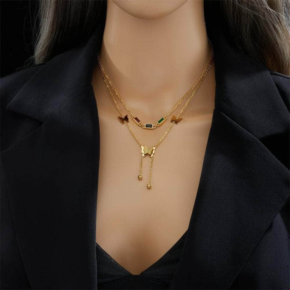 Colorful Zircon Butterfly Long Pendant Necklace N1955