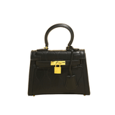 Compact Croc Skin Black Bag With Gold Lock Deco