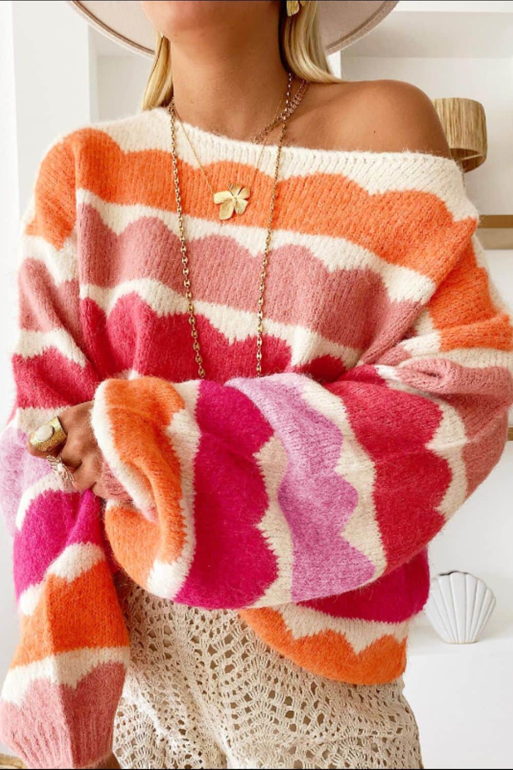 Contrast Boat Neck Long Sleeve Sweater Red / S