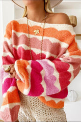 Contrast Boat Neck Long Sleeve Sweater Red / S