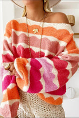 Contrast Boat Neck Long Sleeve Sweater Red / S