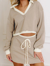 Contrast Collared Neck Top and Drawstring Mini Skirt Set Khaki / S