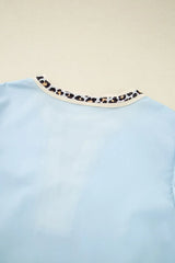 Contrast Leopard Trim Split Neck Puff Sleeve Blouse