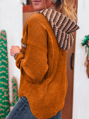 Contrast Plaid Hood Patchwork Chest Pocket Henley Top