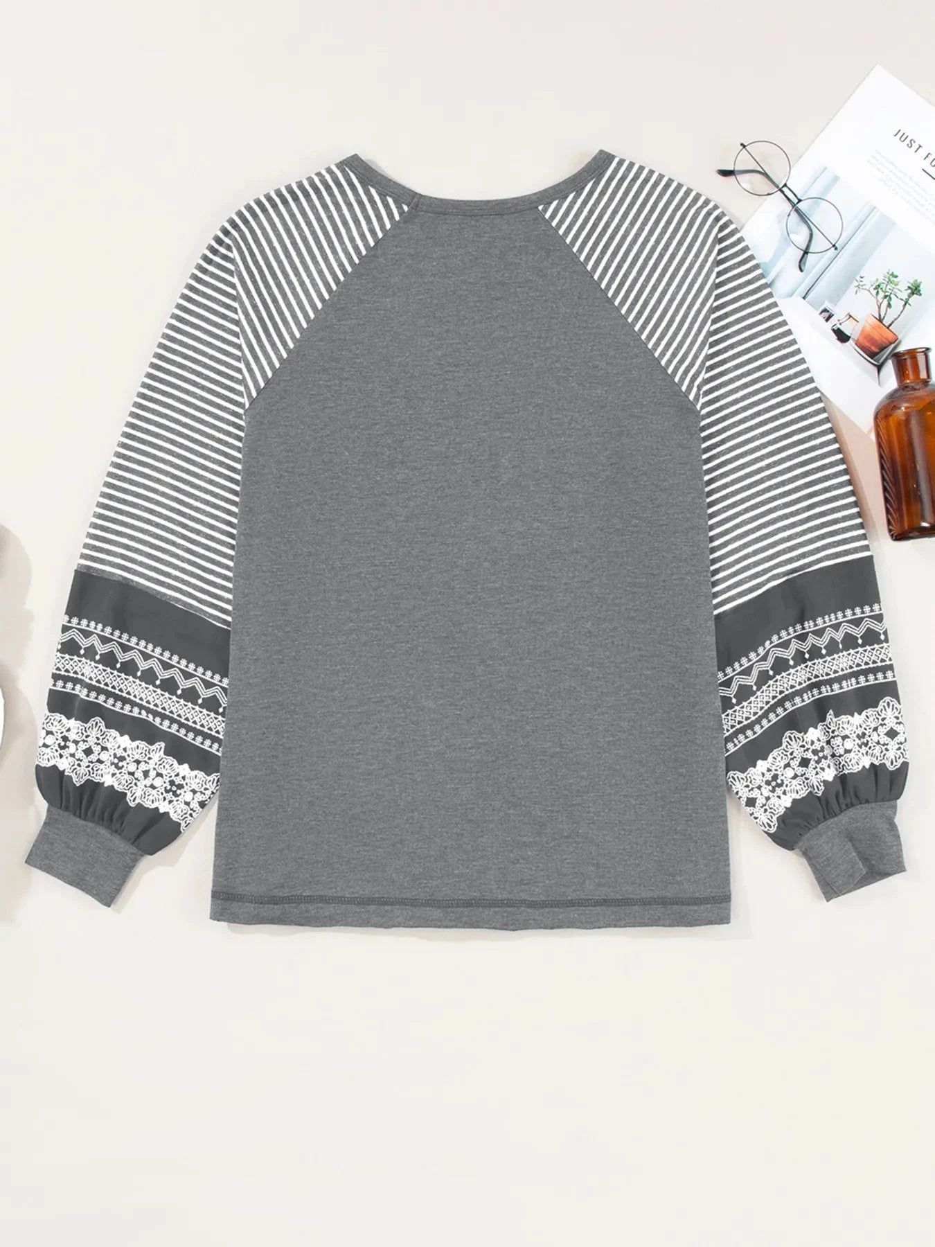 Contrast Print Striped Raglan Long Sleeve Loose Top