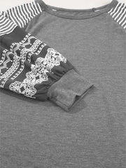 Contrast Print Striped Raglan Long Sleeve Loose Top