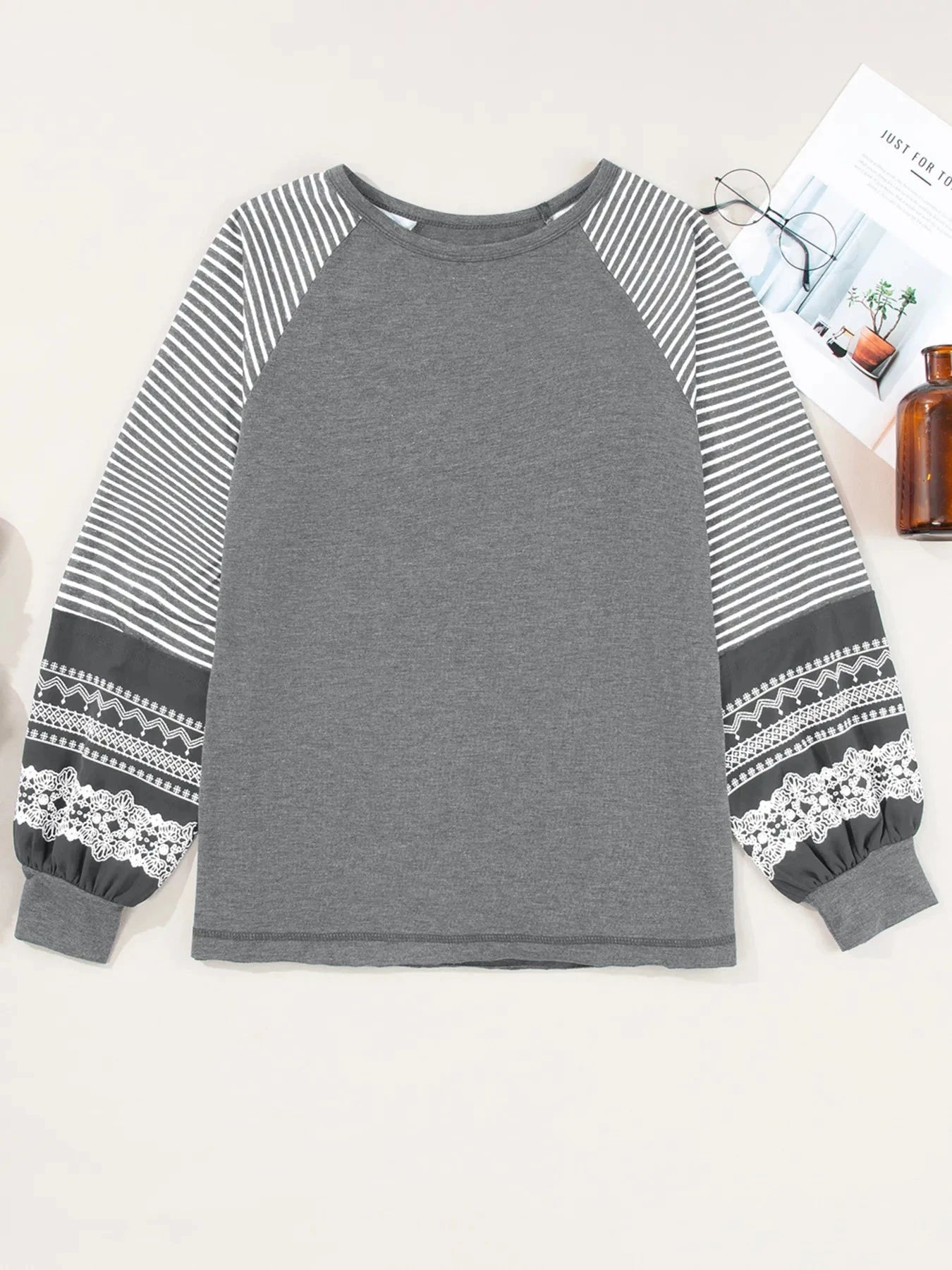 Contrast Print Striped Raglan Long Sleeve Loose Top