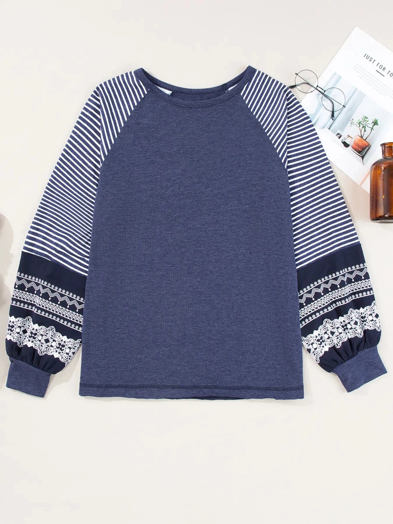 Contrast Print Striped Raglan Long Sleeve Loose Top