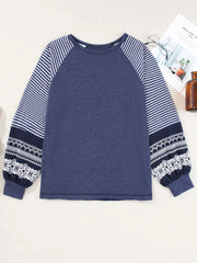 Contrast Print Striped Raglan Long Sleeve Loose Top