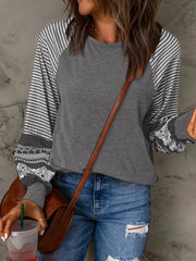 Contrast Print Striped Raglan Long Sleeve Loose Top