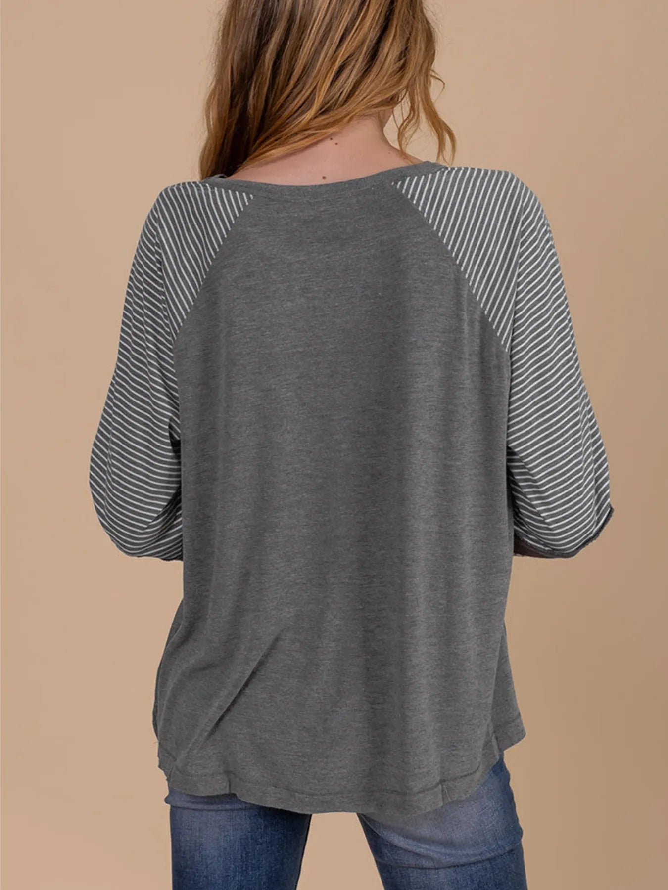 Contrast Print Striped Raglan Long Sleeve Loose Top