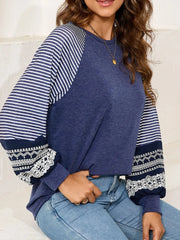 Contrast Print Striped Raglan Long Sleeve Loose Top