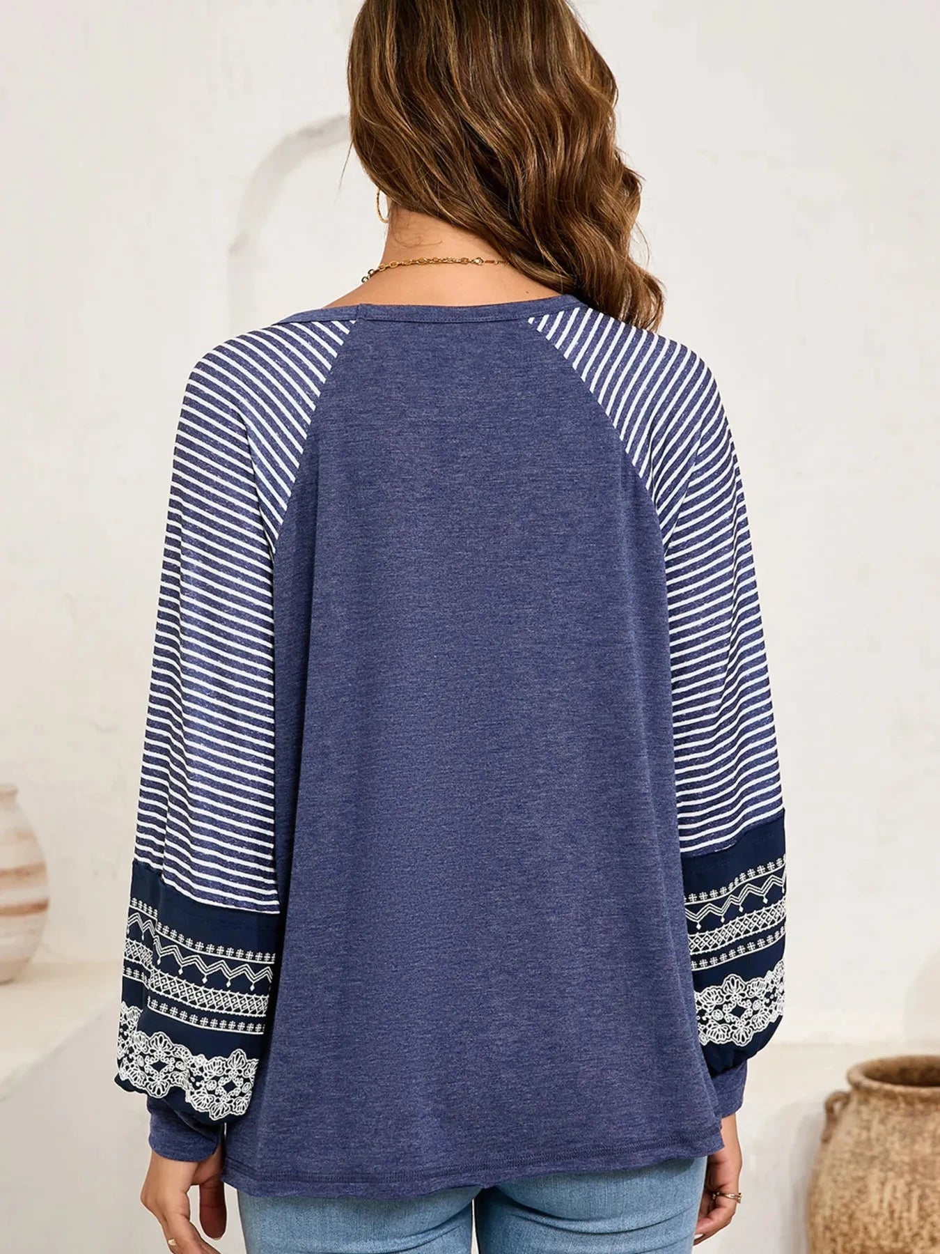 Contrast Print Striped Raglan Long Sleeve Loose Top