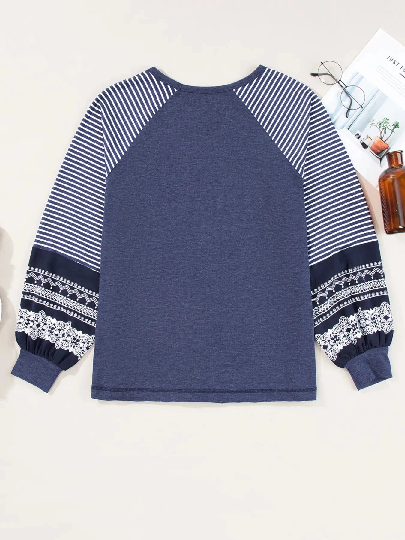 Contrast Print Striped Raglan Long Sleeve Loose Top
