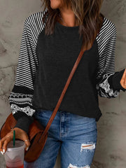 Contrast Print Striped Raglan Long Sleeve Loose Top Black / S