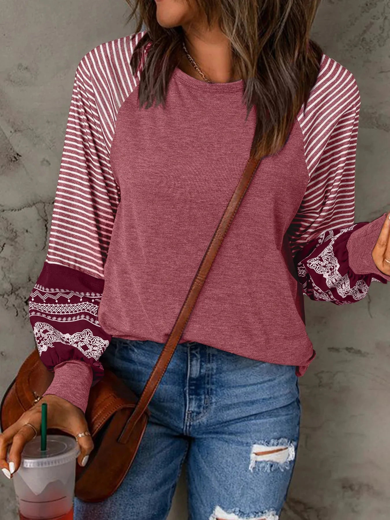 Contrast Print Striped Raglan Long Sleeve Loose Top Dusty Pink / S
