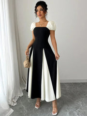 Contrast Puff Sleeve Midi Dress Black / S