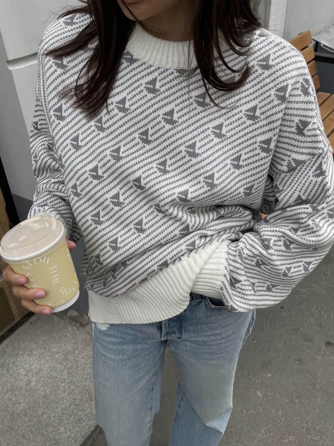 Contrast Round Neck Long Sleeve Sweater Light Gray / S