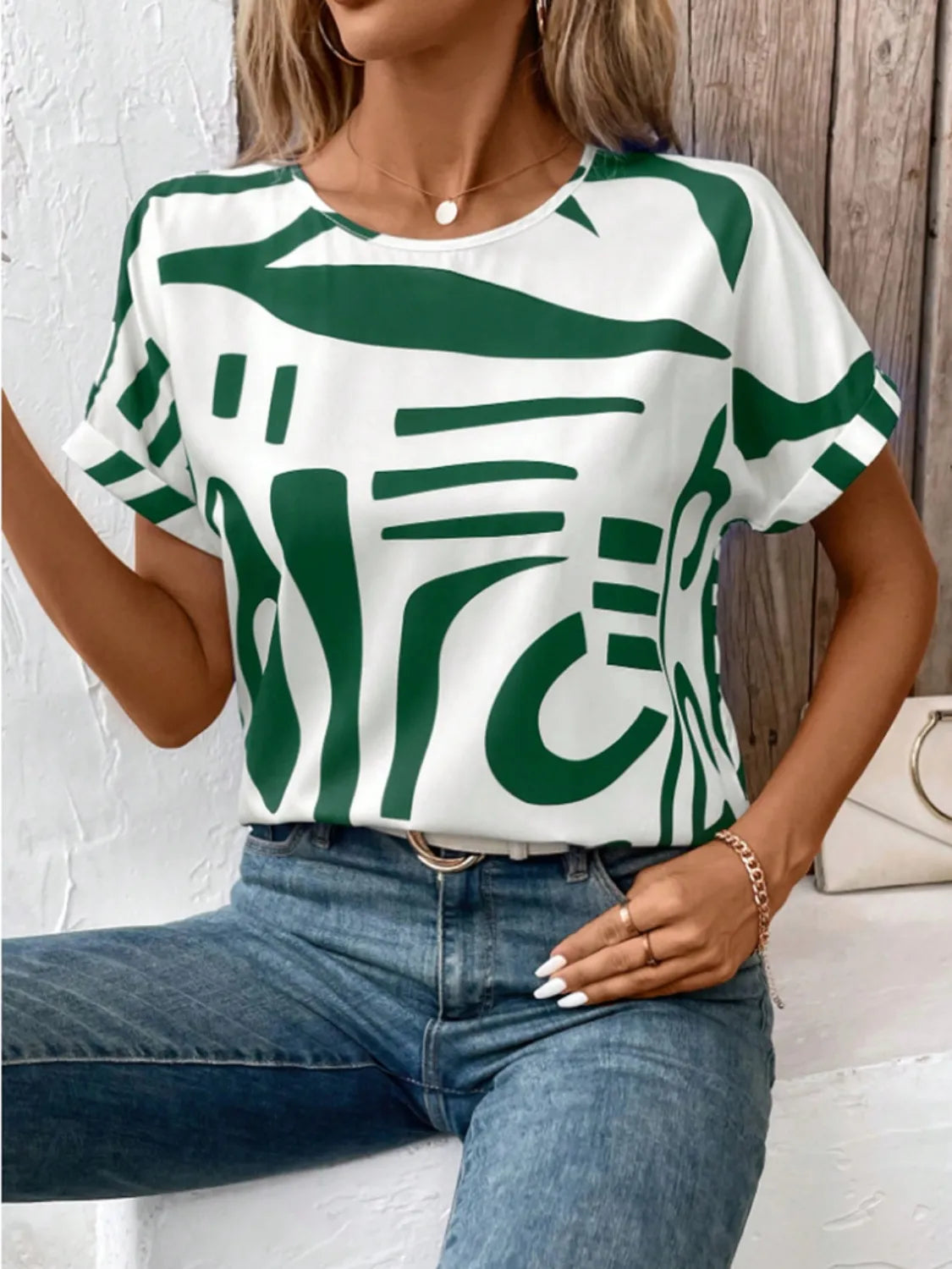 Contrast Round Neck Short Sleeve Blouse Dark Green / S