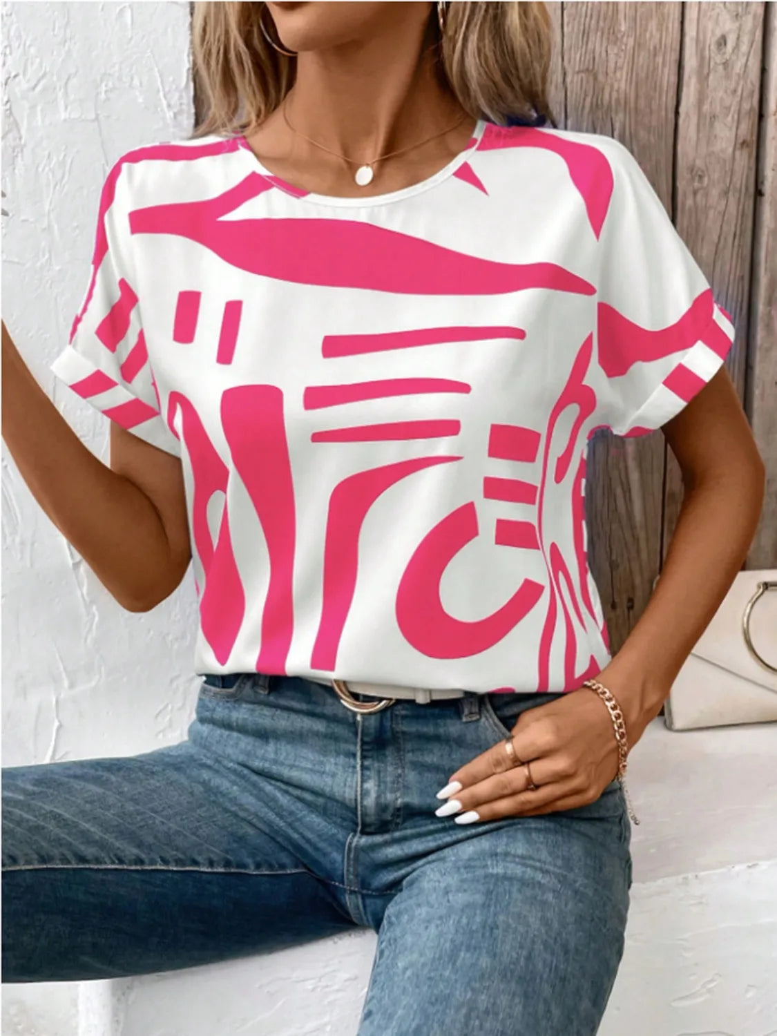Contrast Round Neck Short Sleeve Blouse Hot Pink / S