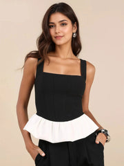 Contrast Ruffled Hem Square Neck Tank Black / S