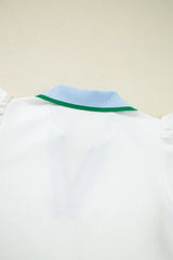 Contrast Ruffled Sleeve Collared V Neck Blouse