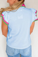 Contrast Ruffled Sleeve Collared V Neck Blouse