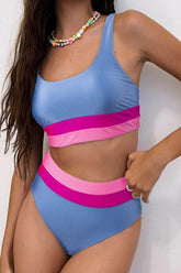 Contrast Scoop Neck Two-Piece Swim Set Dusty Blue / S