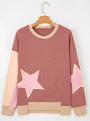 Contrast Star Patchwork Exposed Seam Uneven Hem Drop Shoulder Sweatshirt